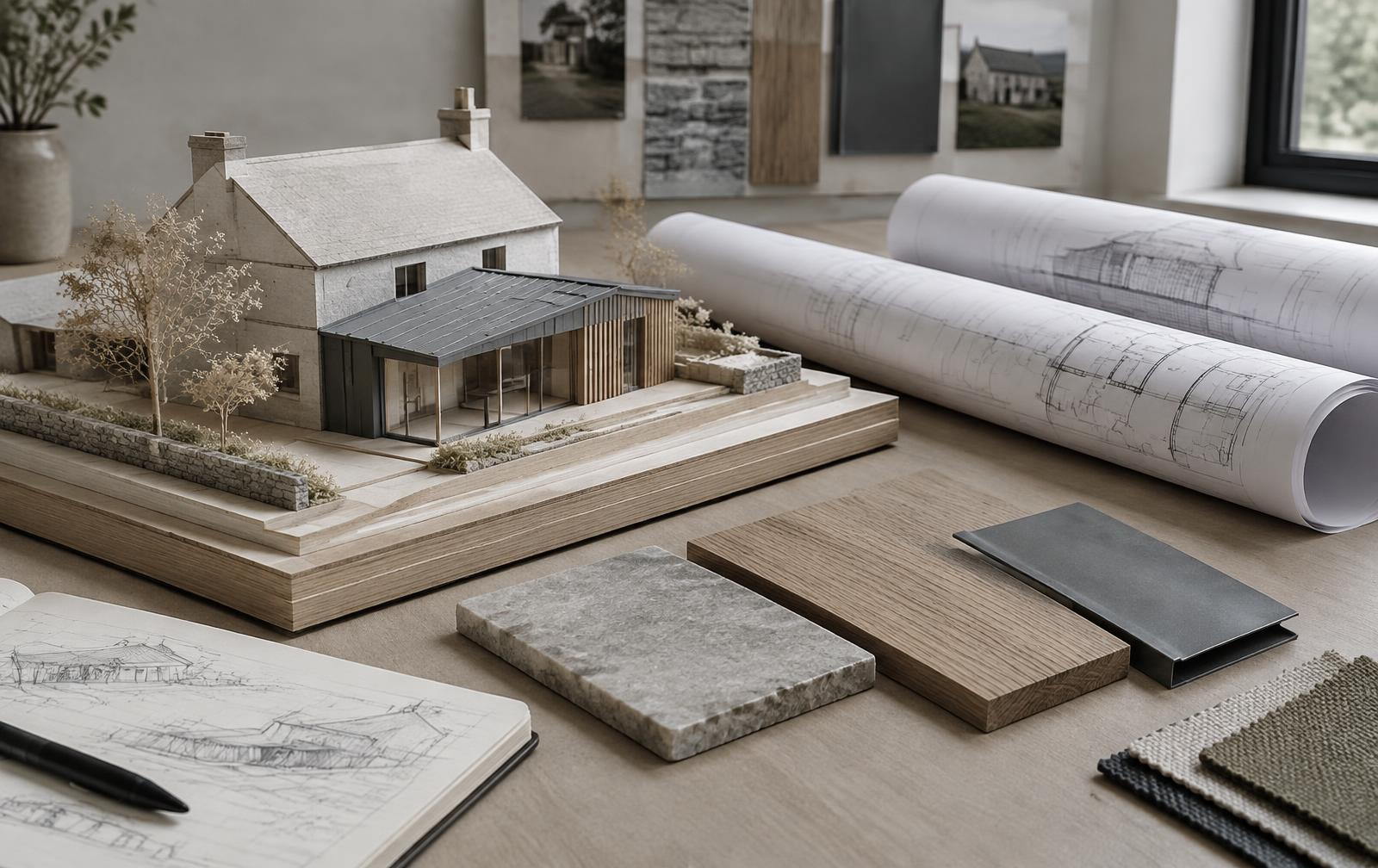 Architect's model of a house extension with drawings and material samples