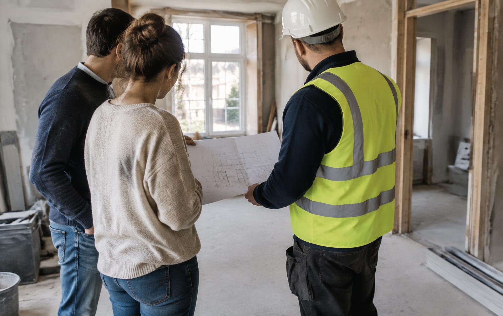 Homeowners reviewing drawings with a builder inside a house under renovation
