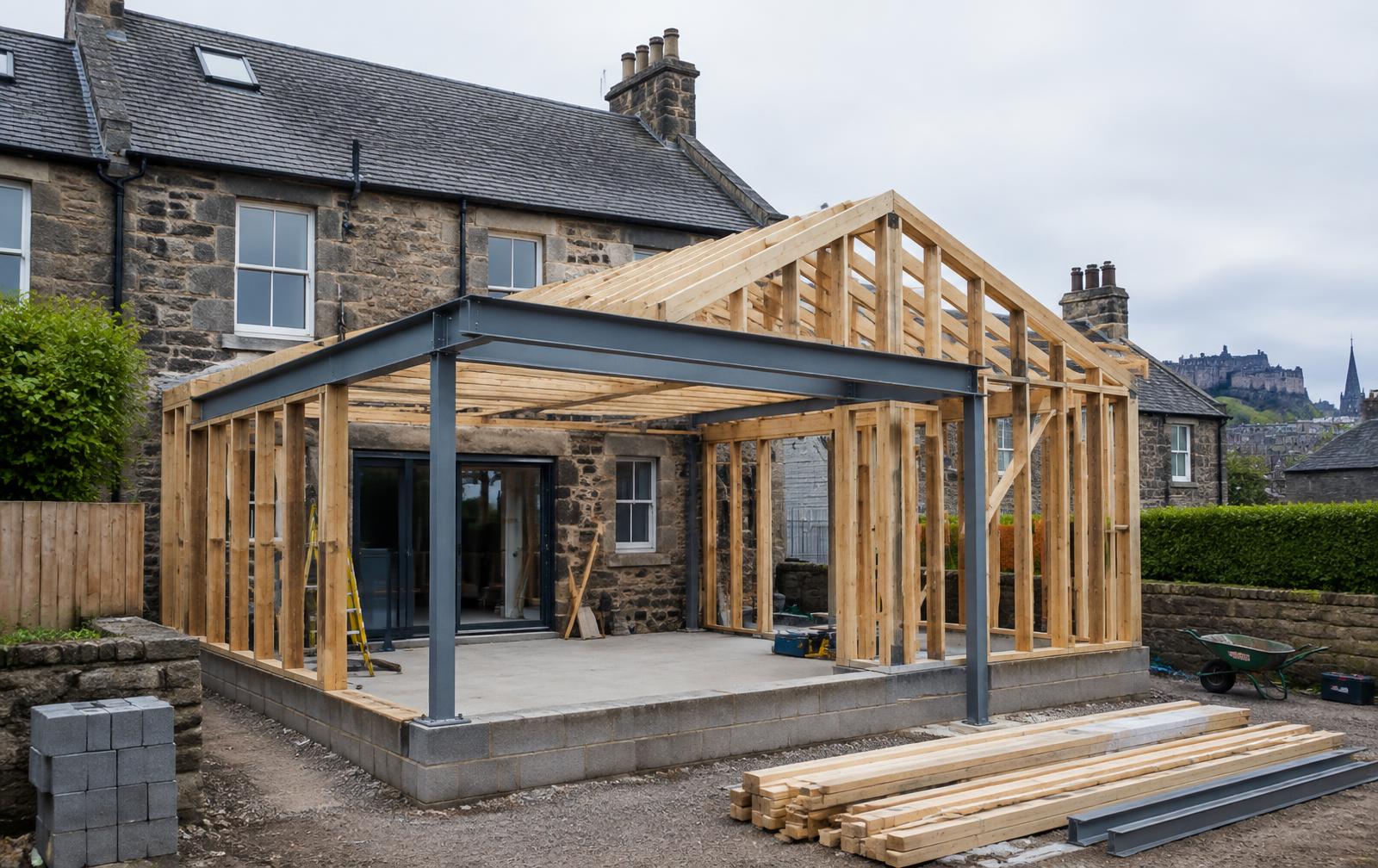 Timber frame and steel beams of a house extension under construction