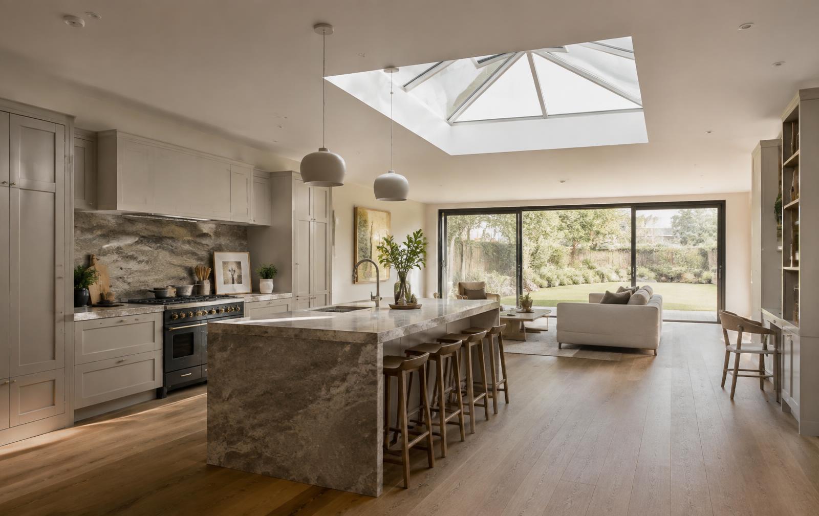 Large open-plan kitchen extension with roof lantern and stone island
