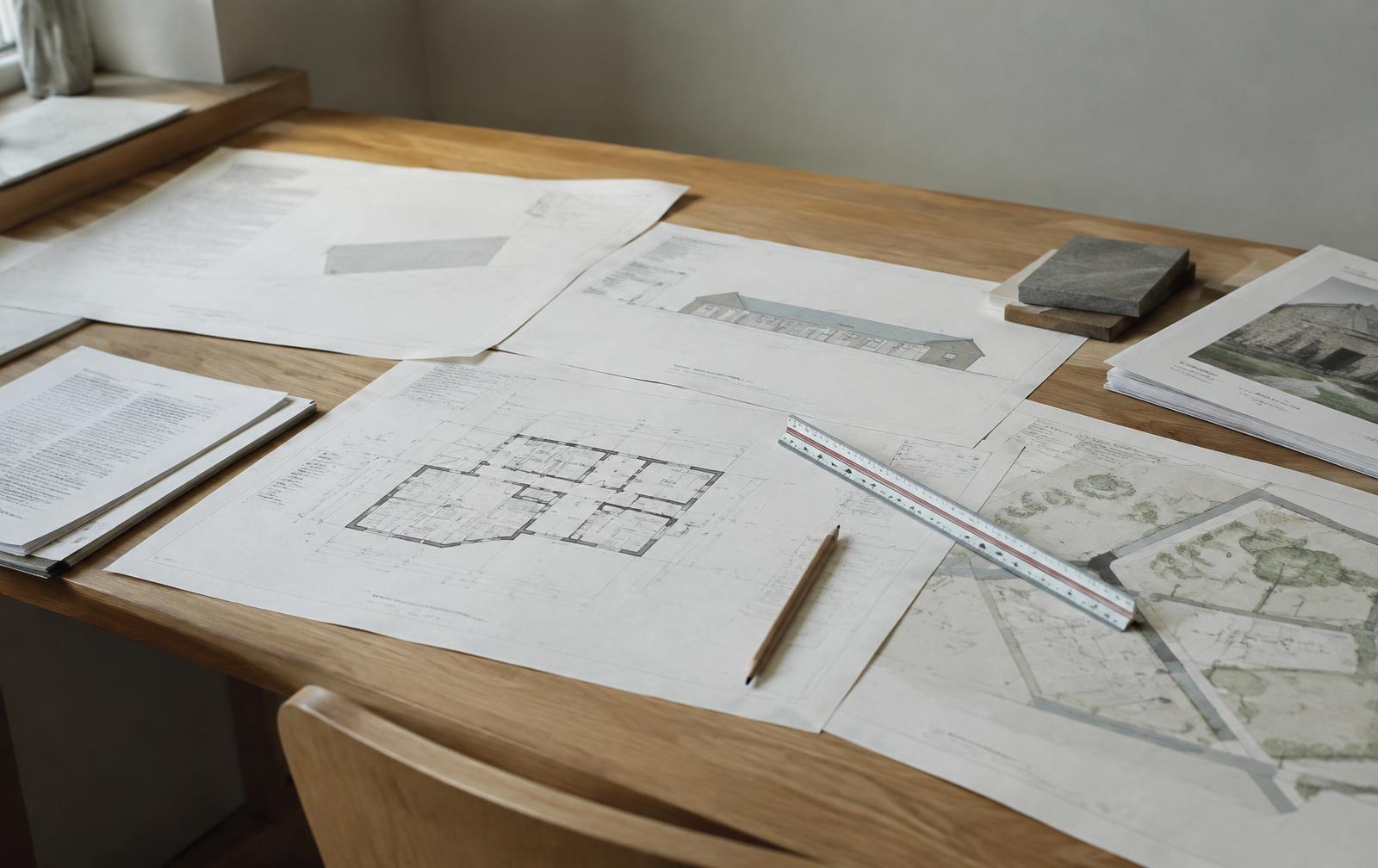 Architectural drawings and planning documents laid out on an oak table