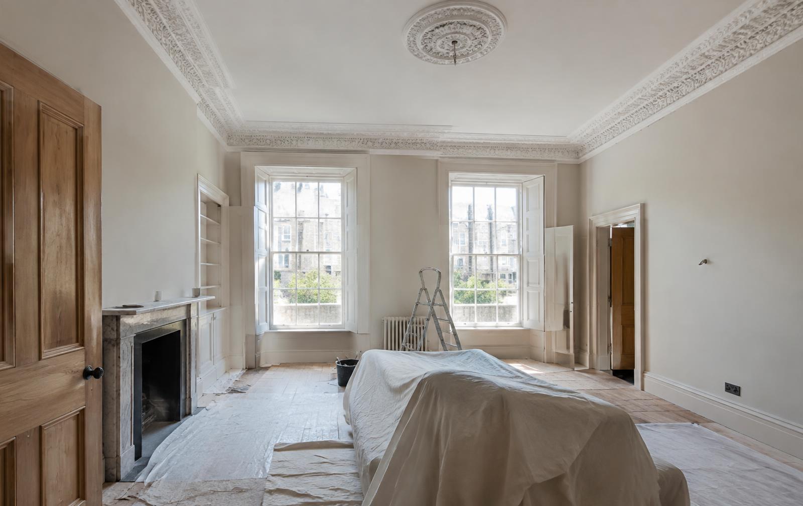 Period townhouse room mid-renovation with restored cornicing and sash windows